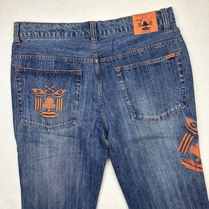 Moshood Denim Wide Leg Embroidered Jeans Raw Edge Cuff Men 39x29 Med Wash